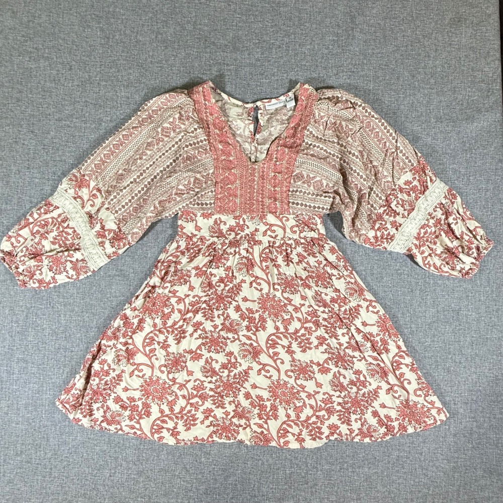 Sincerely Jules Floral Boho Mini Dress Womens Medium Pink Cream Balloon Sleeve